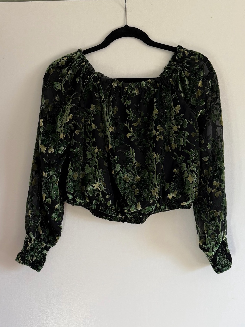 Anthropologie Green Velvet Burnout Whimsigoth Off Shoulder Top Puff Sleeve XS